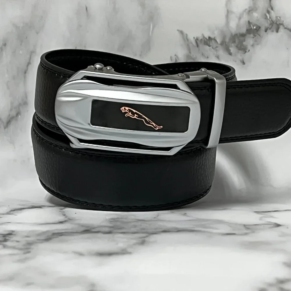 Black Leather Belt Automatic Silver Buckle Slide Belts No Hole Leather Strap New